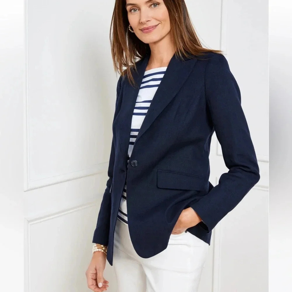 Talbots CLASSIC LINEN BLAZER In Blue Striped work wear classic timeless